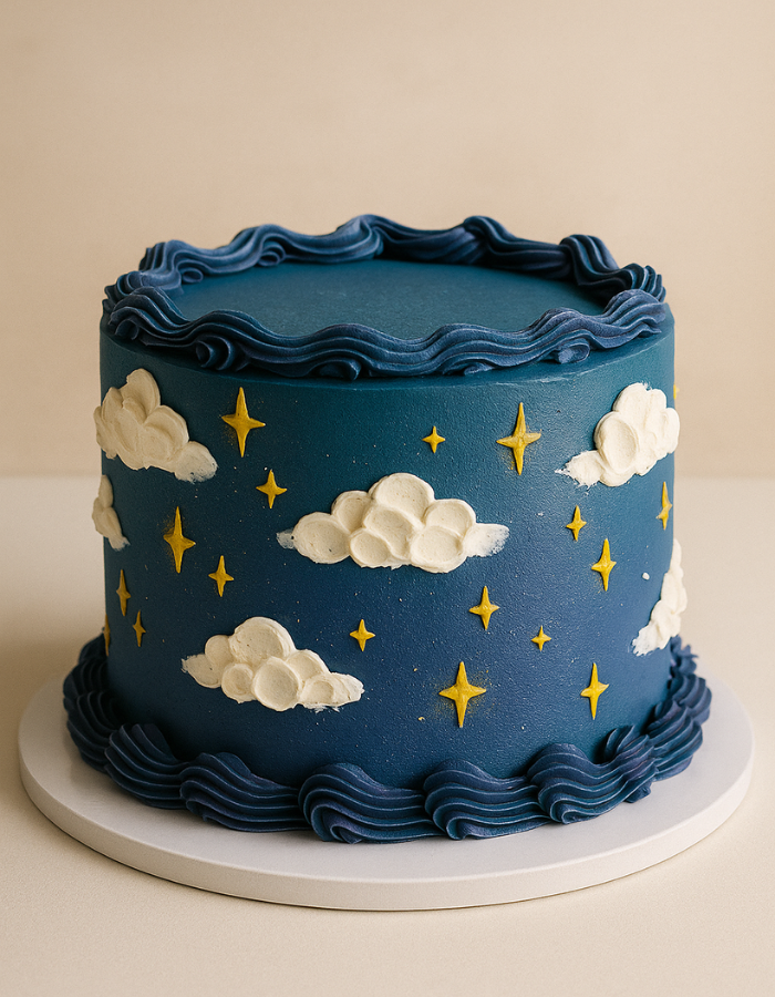 Dunkelblauer Bento Cake dekoriert mit weißen Wolken und Sternen
