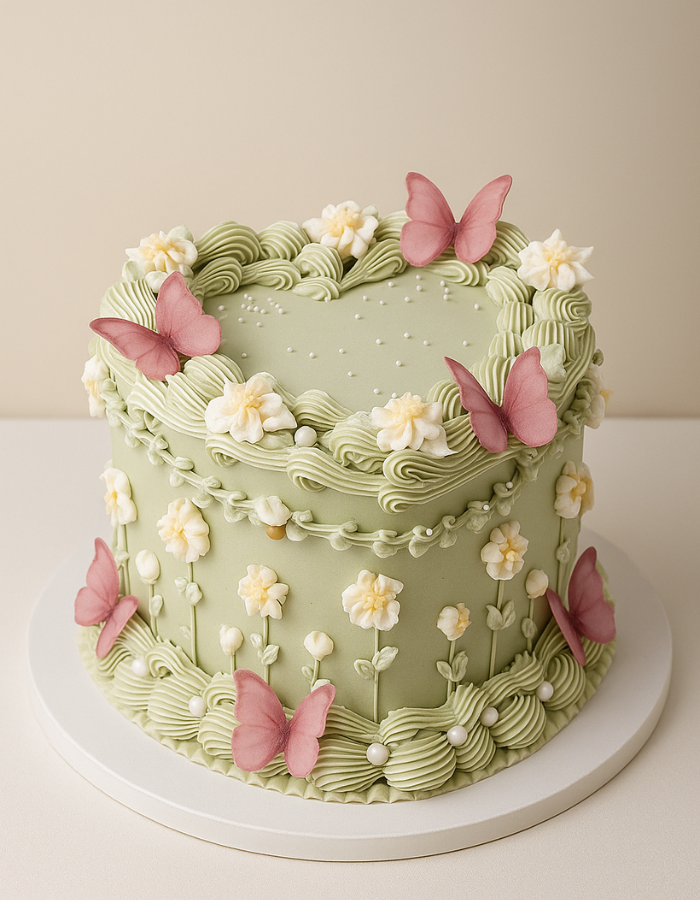 Salbeigrüner Herz-Bento Cake mit weißen Blüten und rosa Schmetterlingen – Cake Affaire Produktfoto