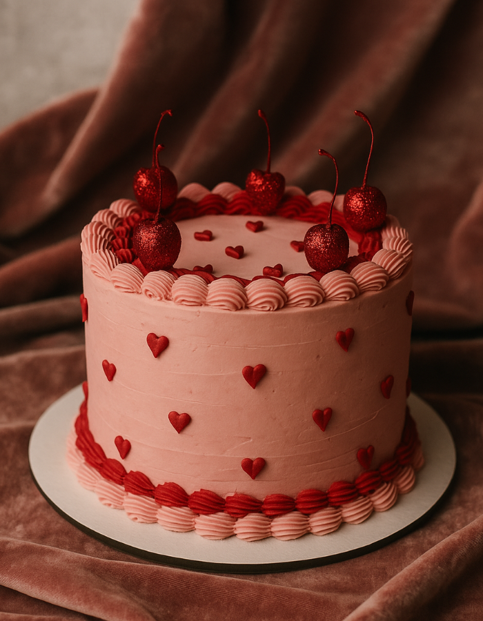 osa Bento Cake dekoriert mit Herzen auf braunem Samttuch