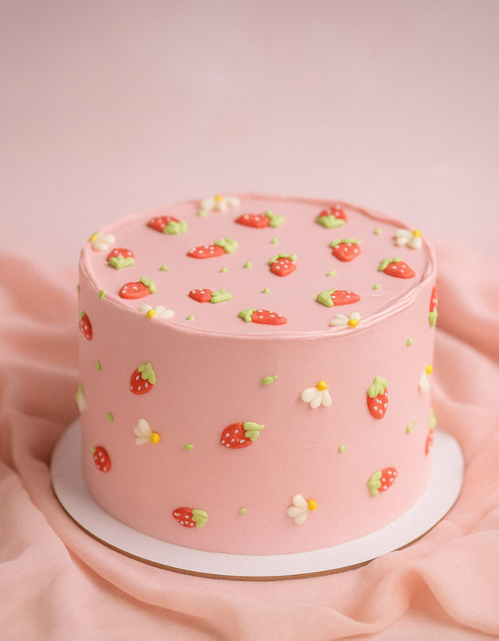 Rosa Bento Cake dekoriert mit Mini-Buttercreme-Erdbeeren und Buttercreme-Blüten