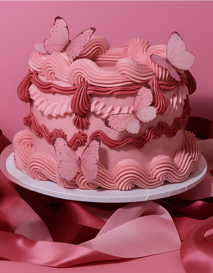 Altrosa Bento Cake mit großer Buttercreme-Tüllenverzierung und rosa Schmetterlingen