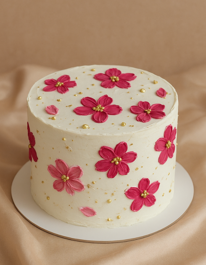 Weißer Bento Cake mit pink-roter Blüten-Spatelverzierung – Cake Affaire Produktfoto