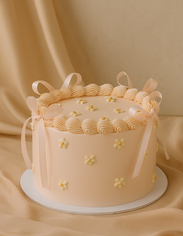 Pastellrosa Bento Cake dekoriert mit Mini-Blüten und rosa Schleifen