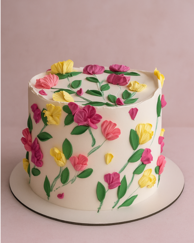 eißer Bento Cake dekoriert mit bunten Buttercreme-Blüten