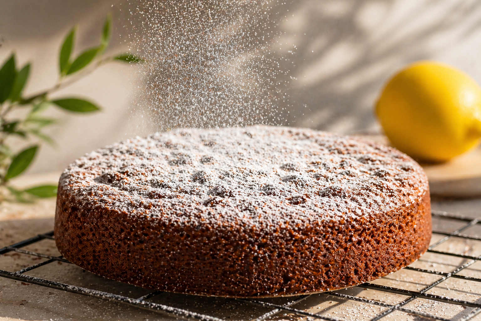 Gebackene Pistazien Torta Caprese auf einem Gitterrost, frisch mit Puderzucker bestäubt.