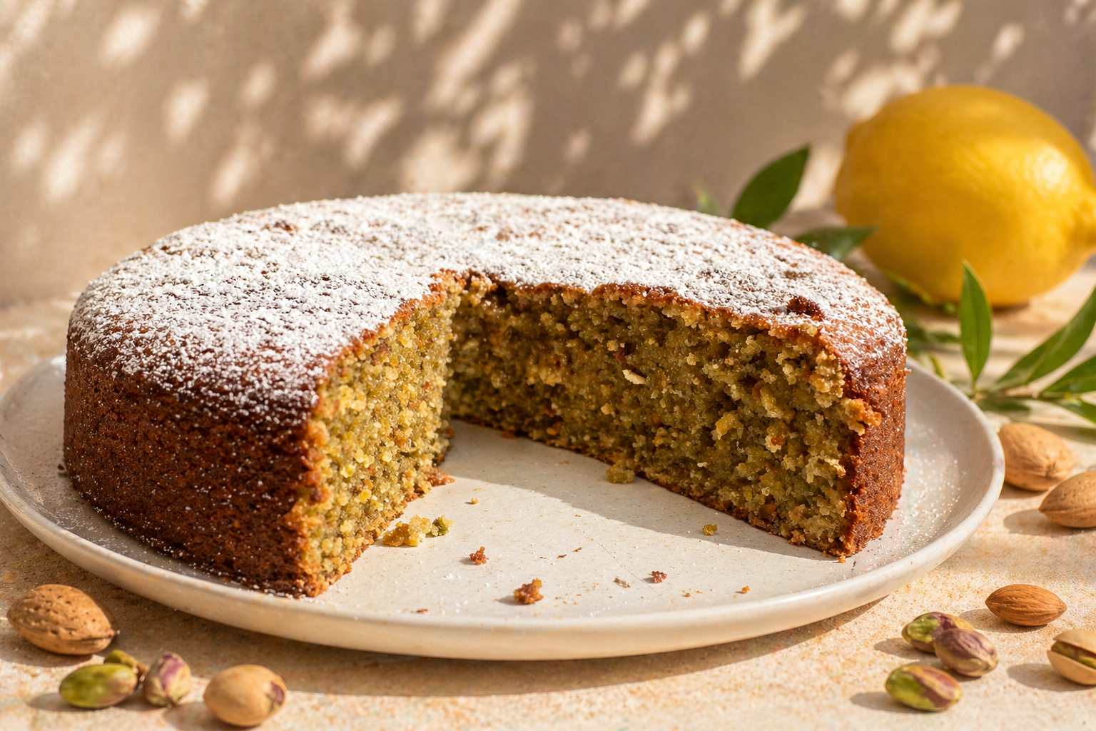 Saftige Pistazien Torta Caprese auf einem weißen Teller angeschnitten mit sichtbarer cremiger Textur.