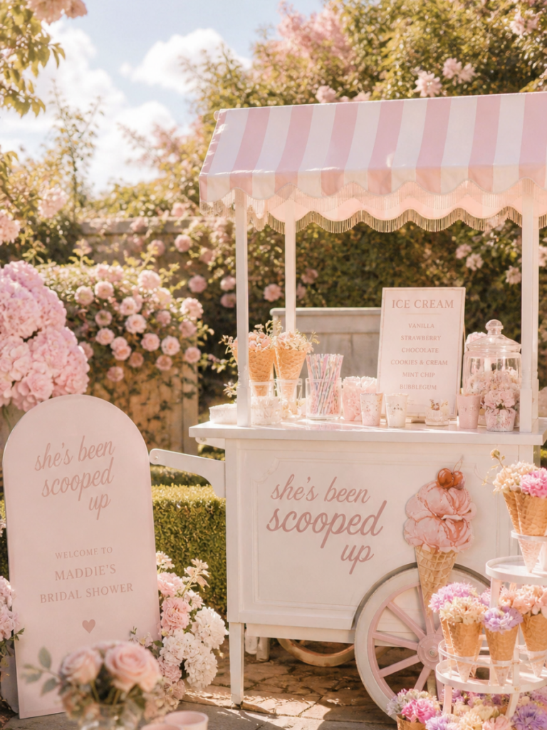 JGA Workshop Solingen mit dekorativem Eiswagen im She’s Been Scooped Up Bridal Shower Stil