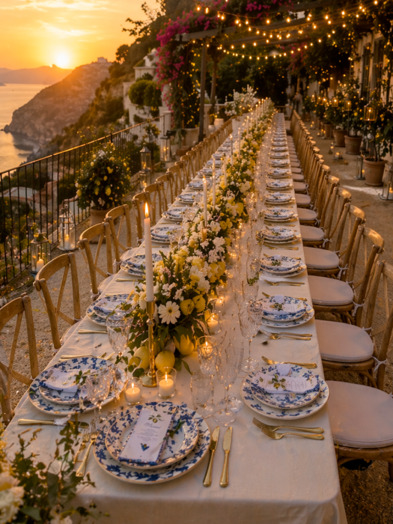 Mediterrane Bridal Shower Tischdekoration im Ciao Bella Stil mit Zitronen, blauer Keramik und langer gedeckter Tafel an der Amalfi Küste