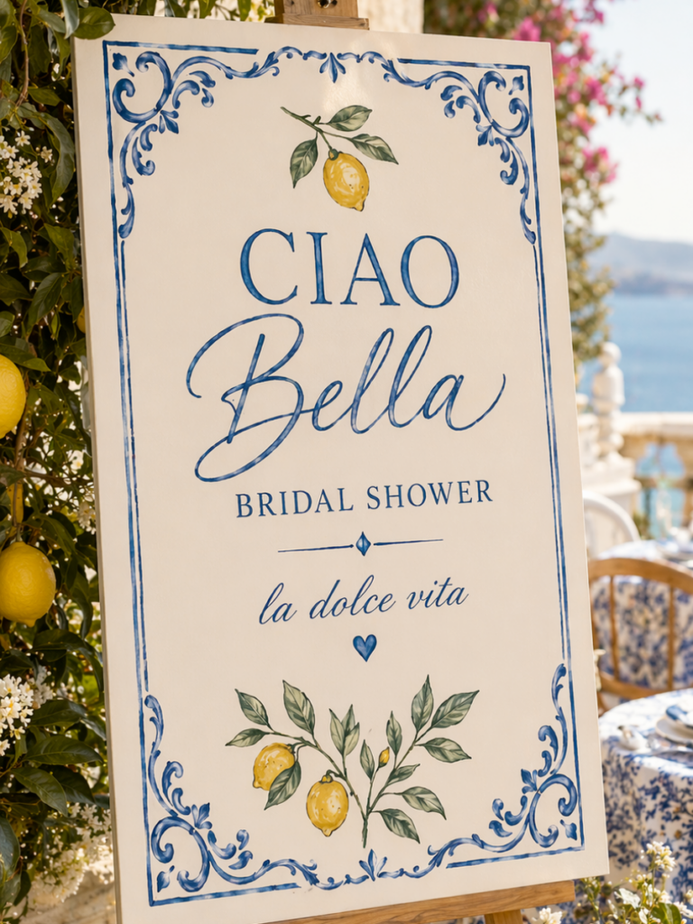 Ciao Bella Bridal Shower Schild mit La Dolce Vita Motto für mediterranen Junggesellinnenabschied