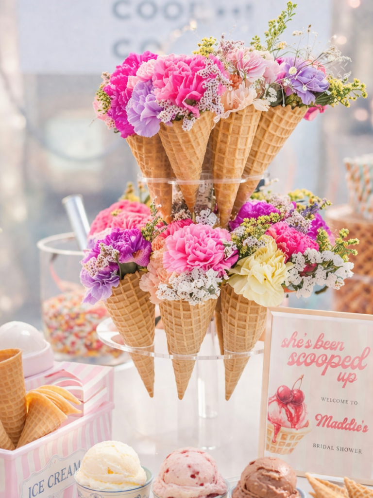 Blumen in Eiscreme Hörnchen als Dekoration für JGA Workshop Solingen und Bridal Shower