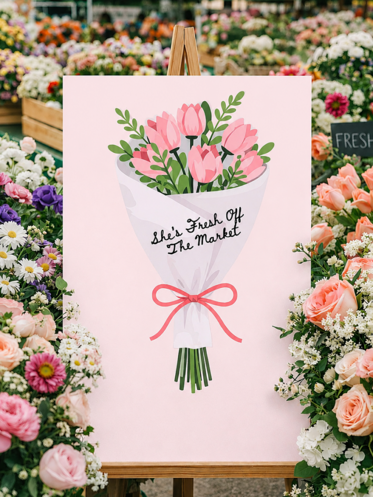 Fresh off the Market Bridal Shower Welcome Schild mit Blumenstrauß und Market Ästhetik
