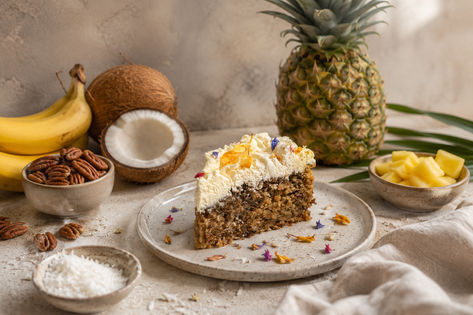 Saftiger Hummingbird Cake mit Banane, Ananas, Kokos und Pekannüssen auf einem Dessertteller serviert