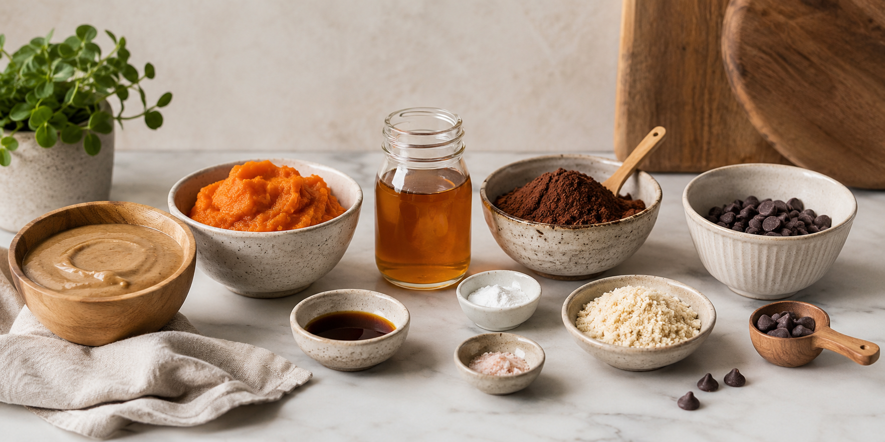 Breite, hell ausgeleuchtete Küchen-Szene mit neutralem, modernem Hintergrund. Auf einer hellen Arbeitsplatte sind Zutaten für vegane Fudgy Brownies sorgfältig arrangiert: Mandelmus, Süßkartoffelpüree, Agavendicksaft im Glas, Kakaopulver, Vanilleextrakt, Salz, Natron, gemahlene Mandeln und Schokodrops in kleinen Schalen. Die Szene wirkt minimalistisch, natürlich und food-styling-orientiert.