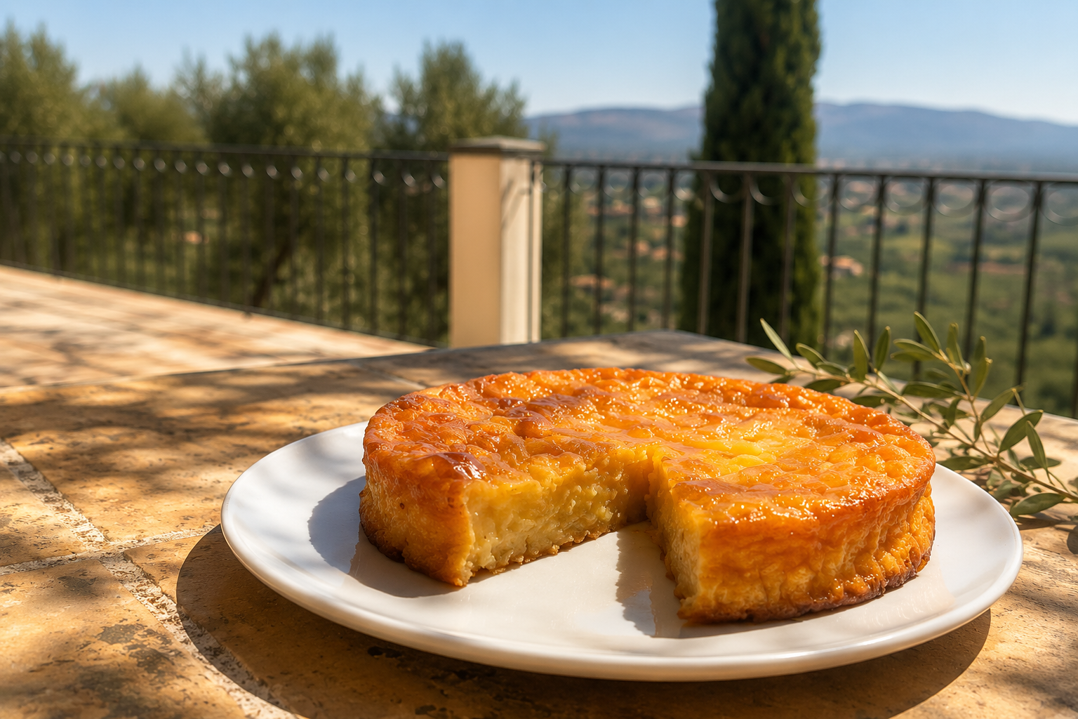 Portokalopita Anschnitt auf Tisch mit schönem mediterranem Hintergrund und Aussicht auf Olivenhain.
