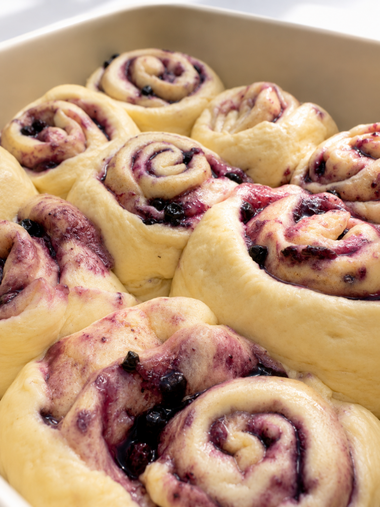 Aufgegangene Wildheidelbeer Cinnamon Rolls kurz vor dem Backen.
