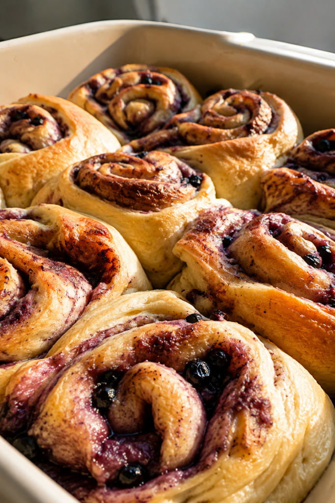 Goldbraun gebackene Wildheidelbeer Cinnamon Rolls direkt nach dem Backen.