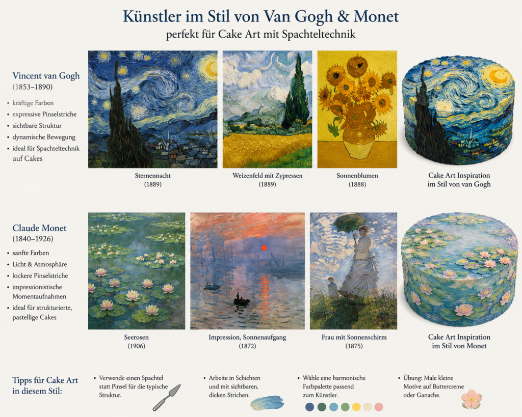 Gemälde als Cake Art – Buttercreme-Torte im Stil von Claude Monet mit Spachteltechnik.