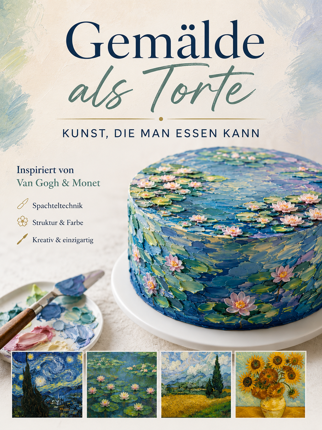 Gemälde als Cake Art – Buttercreme-Torte im Stil von Claude Monet mit Spachteltechnik.