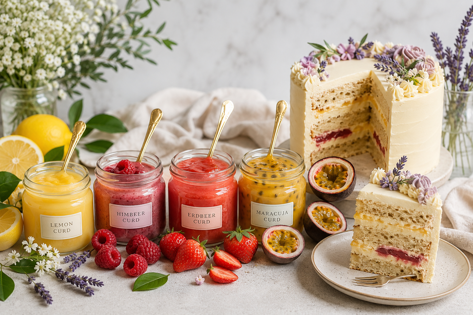 Lemon Curd, Himbeer Curd, Erdbeer Curd, Maracuja-Mango Curd in Gläsen neben einer Torte gefüllt mir Curd