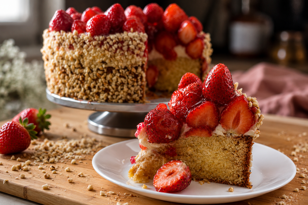 Ganze Erdbeer-Mandel-Torte mit Marzipanboden, dünner Vanillecreme, frischen Erdbeeren und geröstetem Mandelrand.