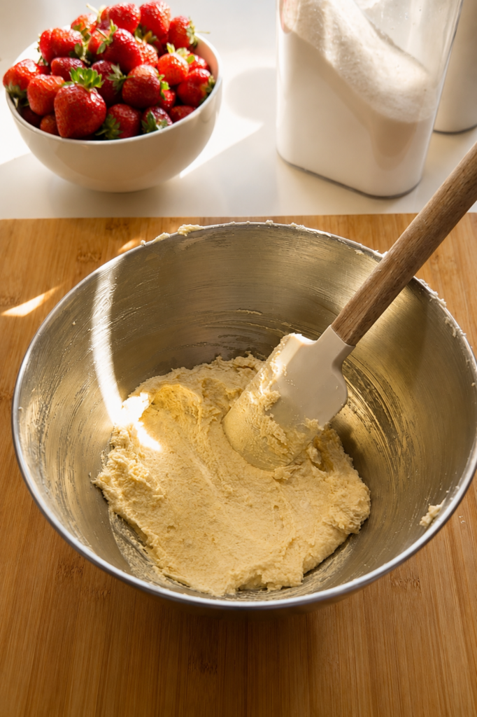 Cremiger Marzipanteig für den Boden der Erdbeer-Mandel-Torte in einer Rührschüssel.