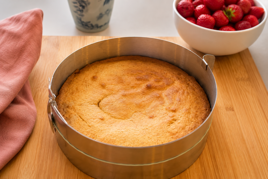 Frisch gebackener Marzipanboden im Tortenring als Grundlage für die Erdbeer-Mandel-Torte.