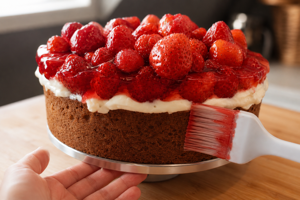 Tortenguss wird am Rand der Erdbeer-Mandel-Torte aufgetragen, um die gehackten Mandeln zu befestigen.