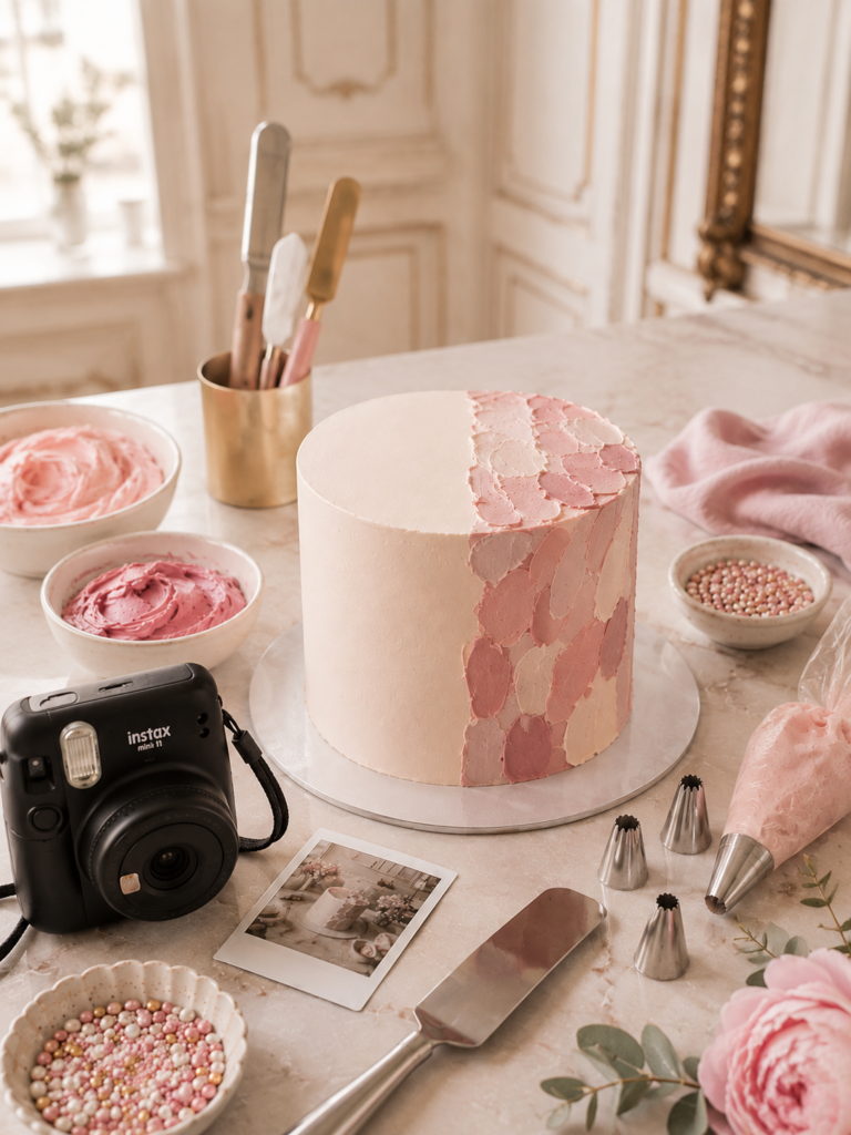 Ablauf eines Tortenworkshops mit Buttercreme-Torte, Spatel und Dekorationsmaterialien