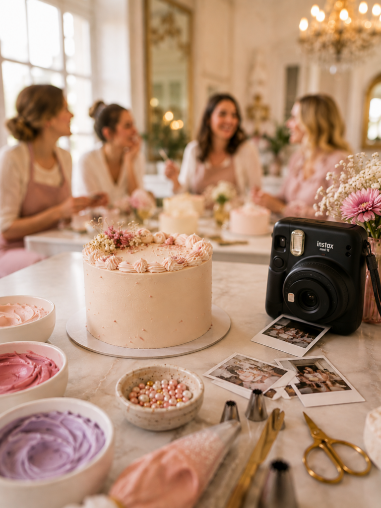 Tortenworkshop mit Buttercreme-Torte, Instax-Kamera und kreativer Workshop-Atmosphäre