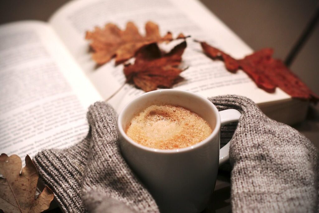 drink, coffee, food, leaves, autumn, coffee cup, nature, book, sweater, mug, relaxation, cozy